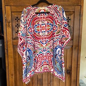 Vintage Chico's colorful Geometric Tunic w Gold Bead Fringe